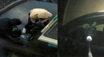 Courtesy photos
Left to right: The suspects pulling out cash cassettes and a suspect tampering with an ATM.